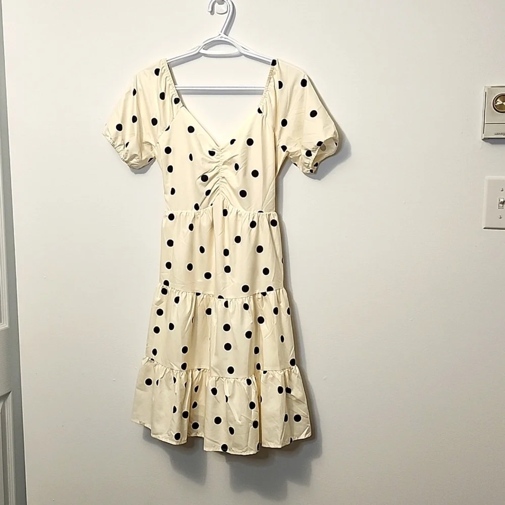 NWTs Morrisday the label polka dot cream tiered puff sleeve cutout S dress - Picture 1 of 8